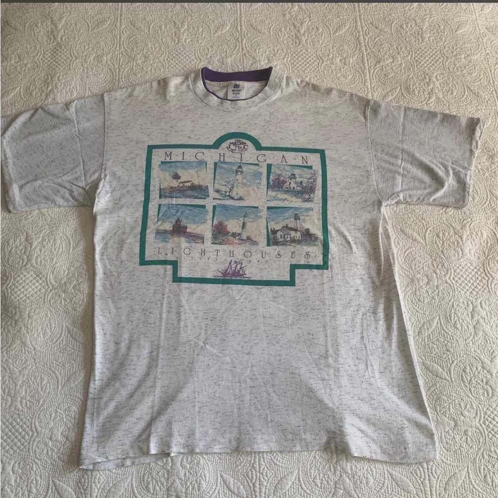 Vintage Michigan Graphic Tee - White with Teal Accent - Single Stitch - USA